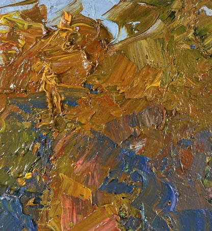 Oil painting of cows on pasture by Boris Serdyuk with golden yellow and blue impasto brushstrokes