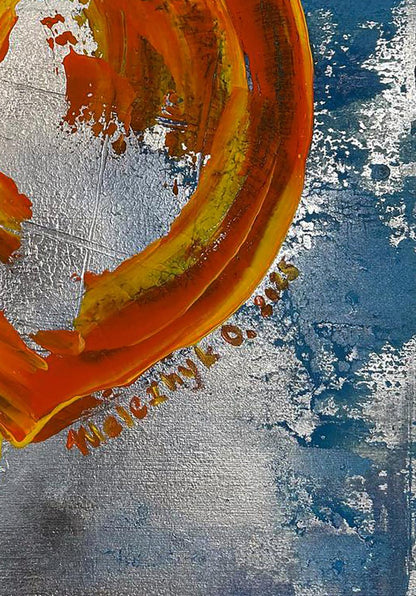 Vibrant orange yellow brushstrokes on silver blue canvas by Olga Melezhik Delicious life