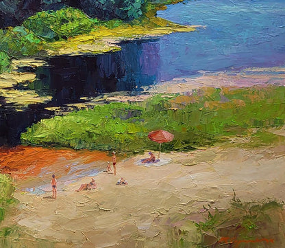 Vibrant impressionist oil painting Relaxation on the river beach by Boris Serdyuk