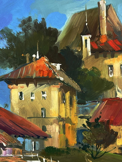 Vibrant oil painting by Yuriy Suprunchuk of European village boat dock