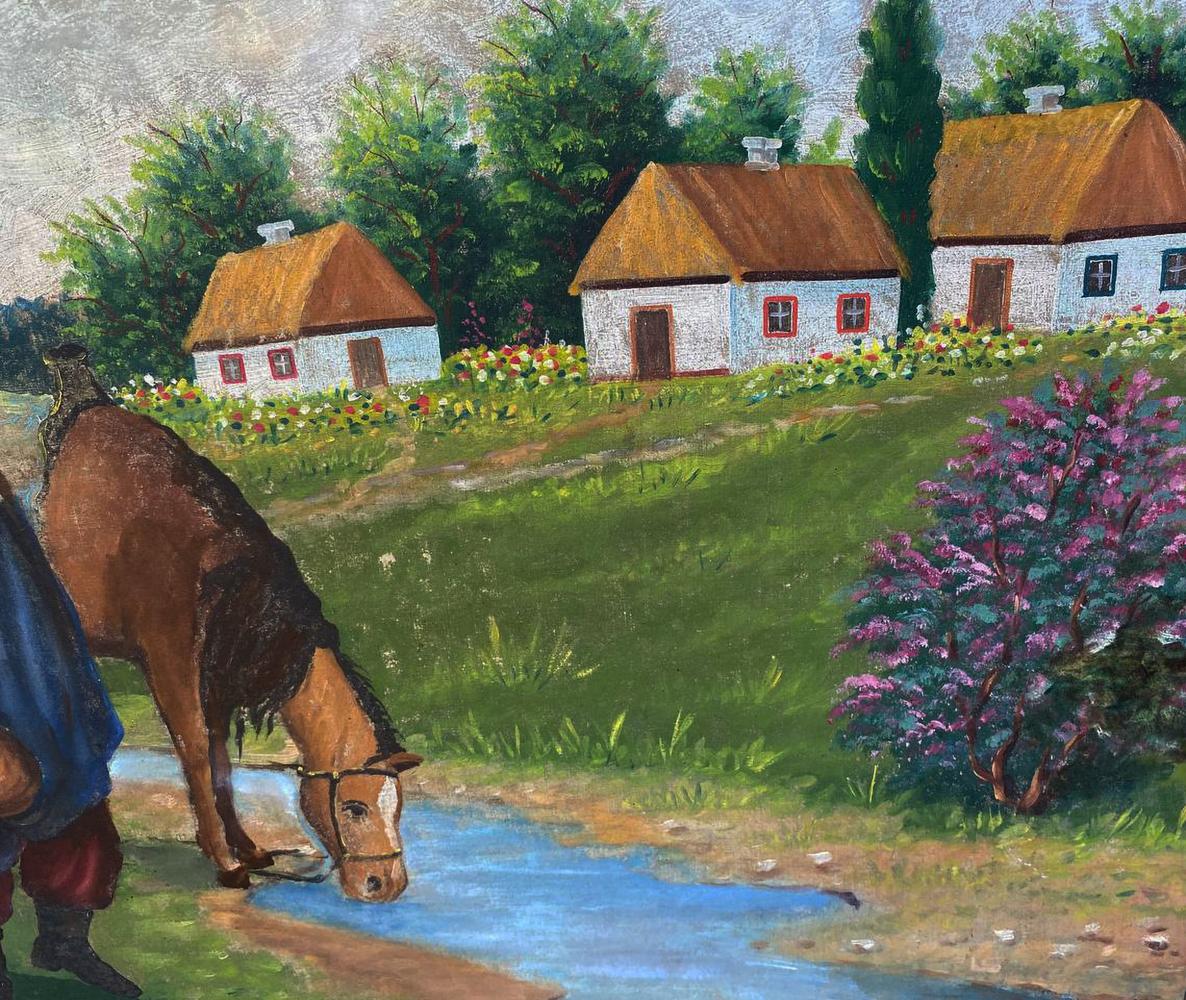 Oil painting of brown horse with dark mane drinking from stream, Days at the Well