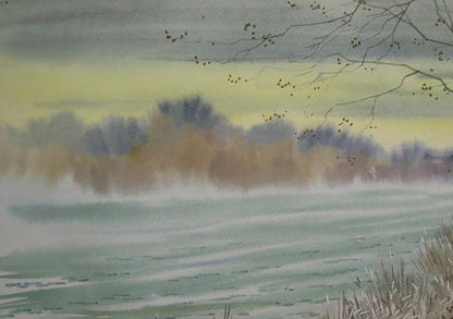 Watercolor painting Autumn mood by the river by Valery Savenets