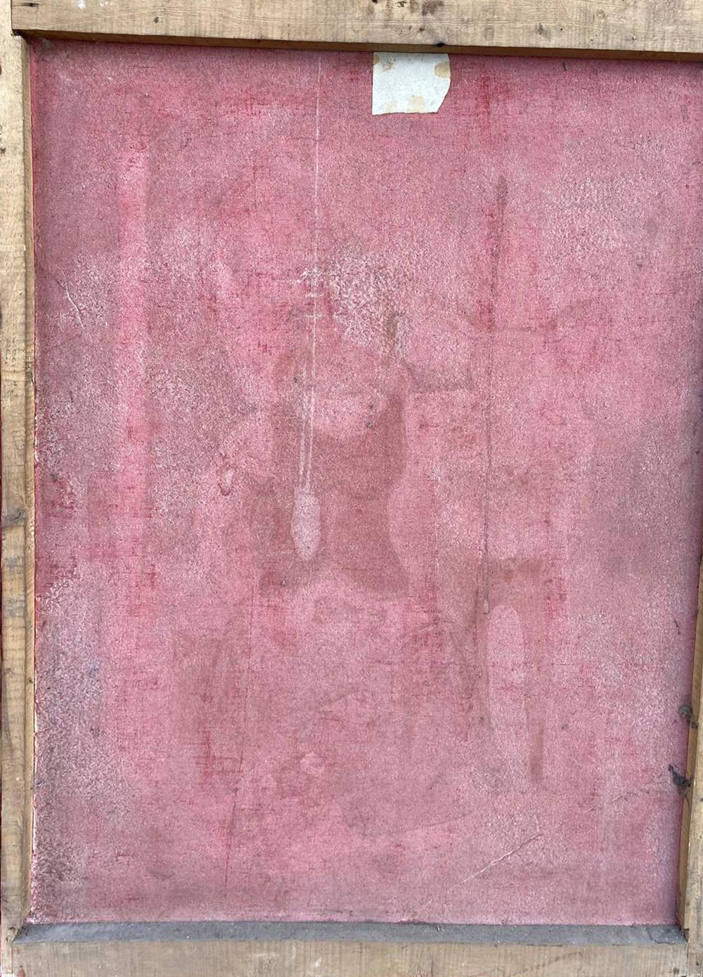 Back of framed oil painting Portrait of a girl and a deer on faded pink canvas