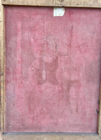 Back of framed oil painting Portrait of a girl and a deer on faded pink canvas