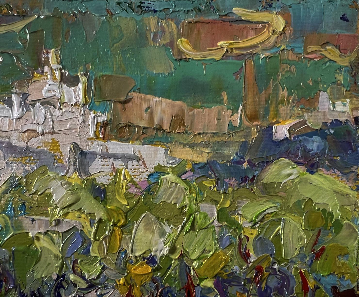 Oil painting Road outside the city by Oleksiy Ivanyuk textured green brown strokes