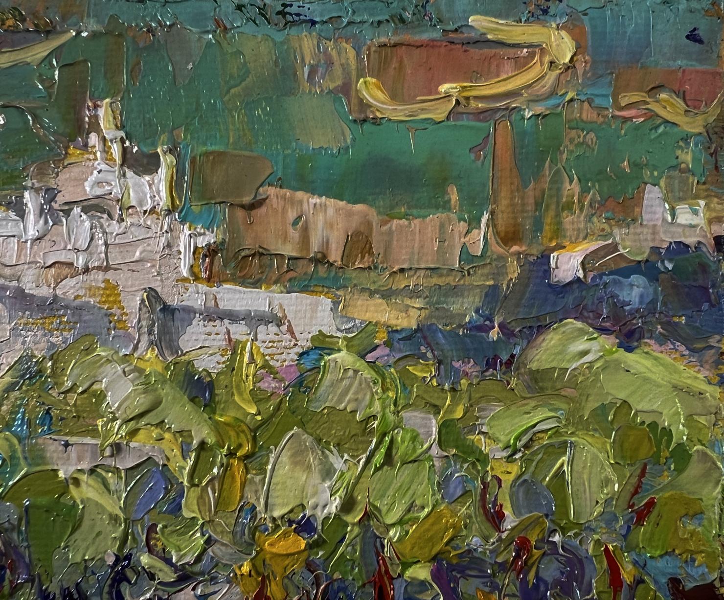 Oil painting Road outside the city by Oleksiy Ivanyuk textured green brown strokes