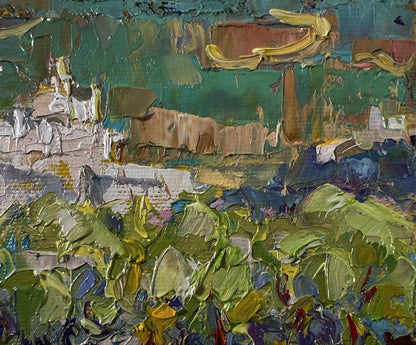 Oil painting Road outside the city by Oleksiy Ivanyuk textured green brown strokes