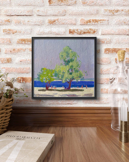 Oil painting Sea shore by Yury Konovalov: green trees on beach with blue water on brick wall