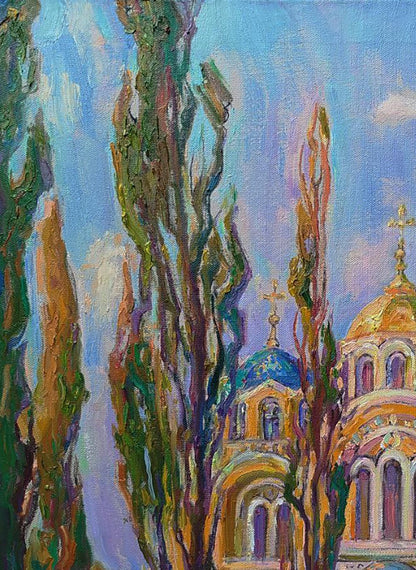 Vibrant impressionist oil painting of City Church by Leonid Pavlenko