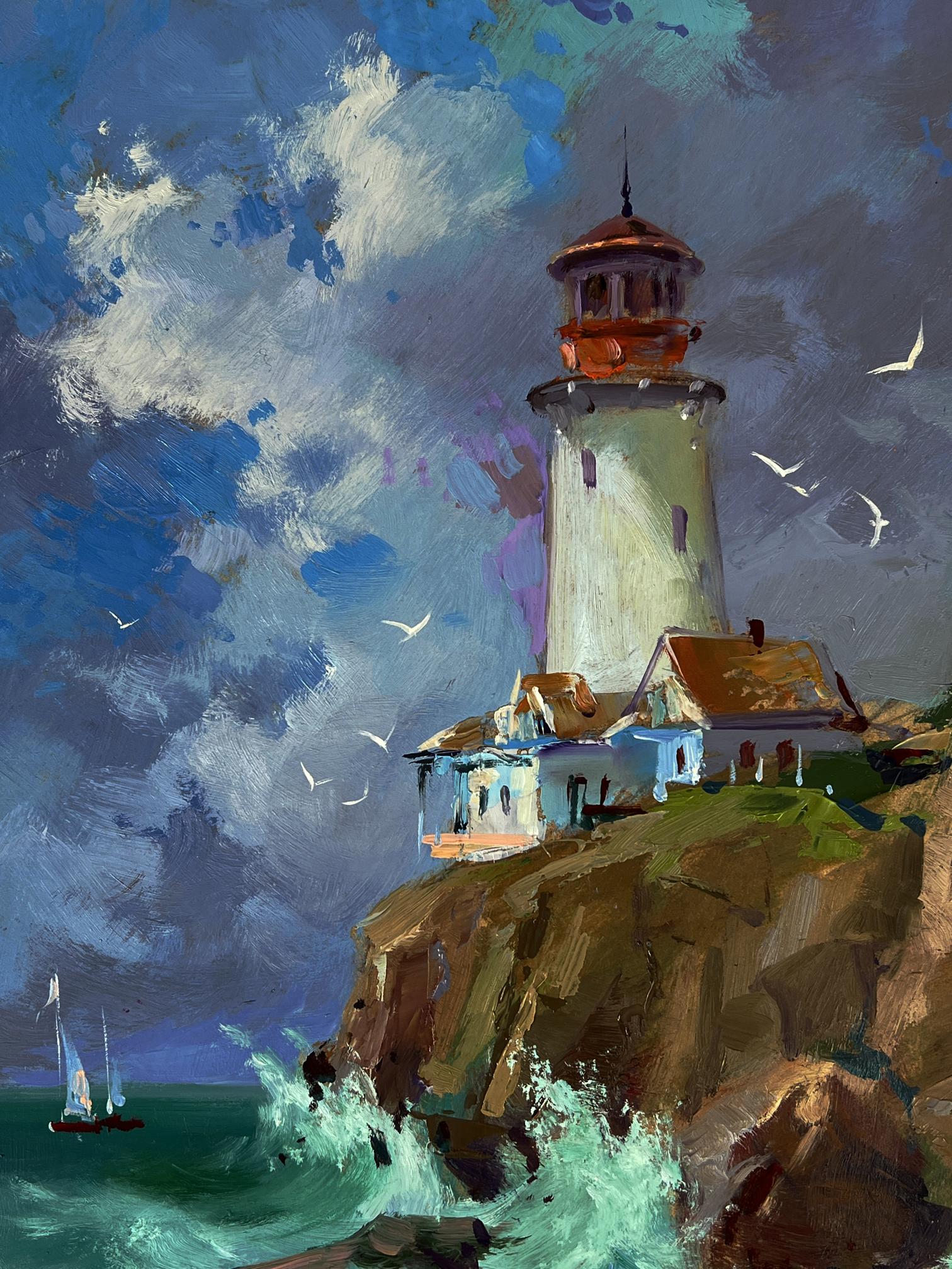 Oil painting of white lighthouse with red lantern on rocky cliff by Yuriy Suprunchuk