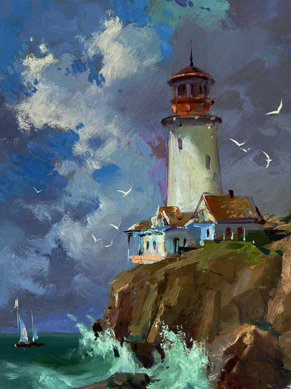 Oil painting of white lighthouse with red lantern on rocky cliff by Yuriy Suprunchuk