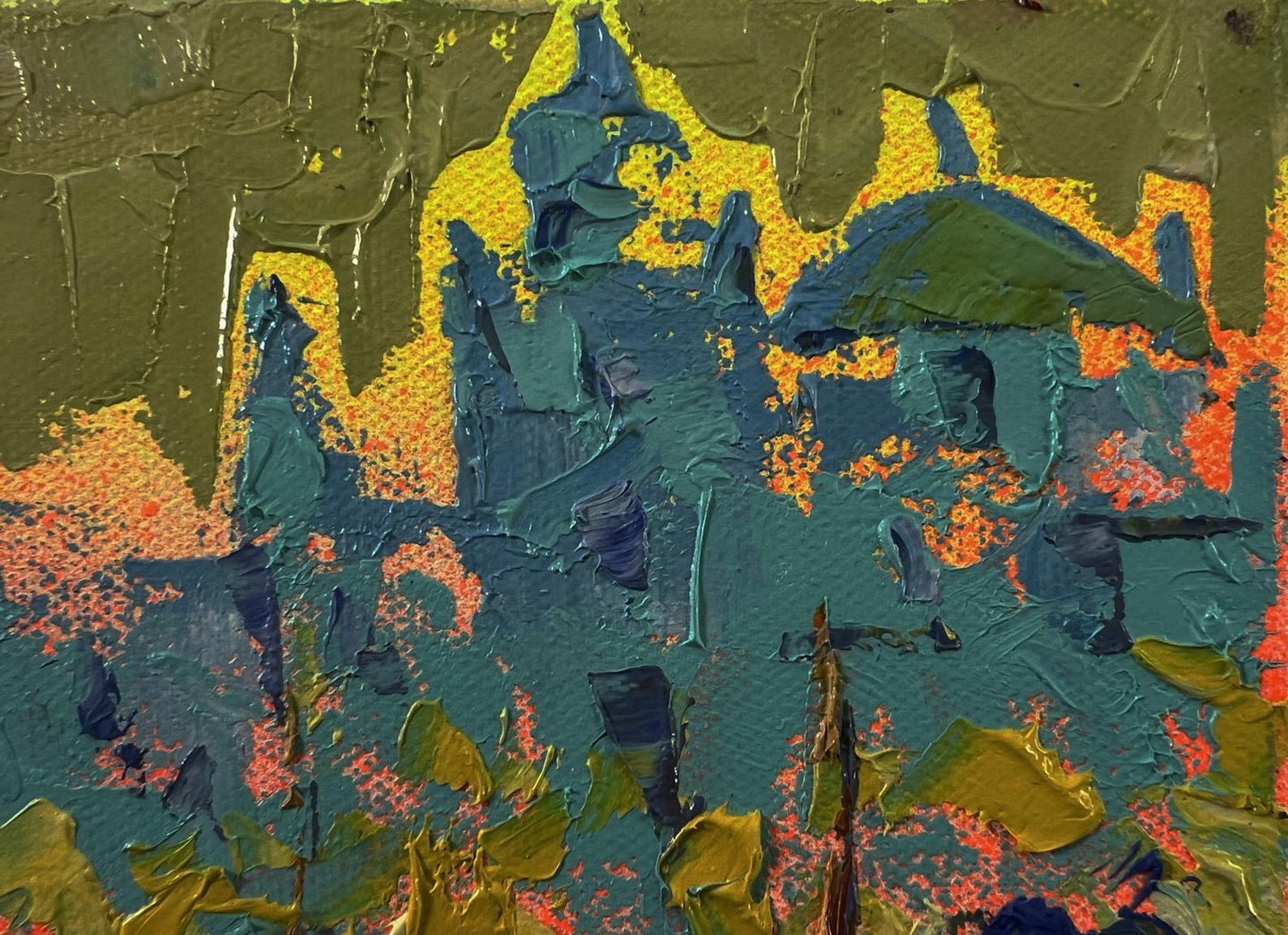 Oil painting City in the rays of sunset by Oleksiy Ivanyuk, textured castle