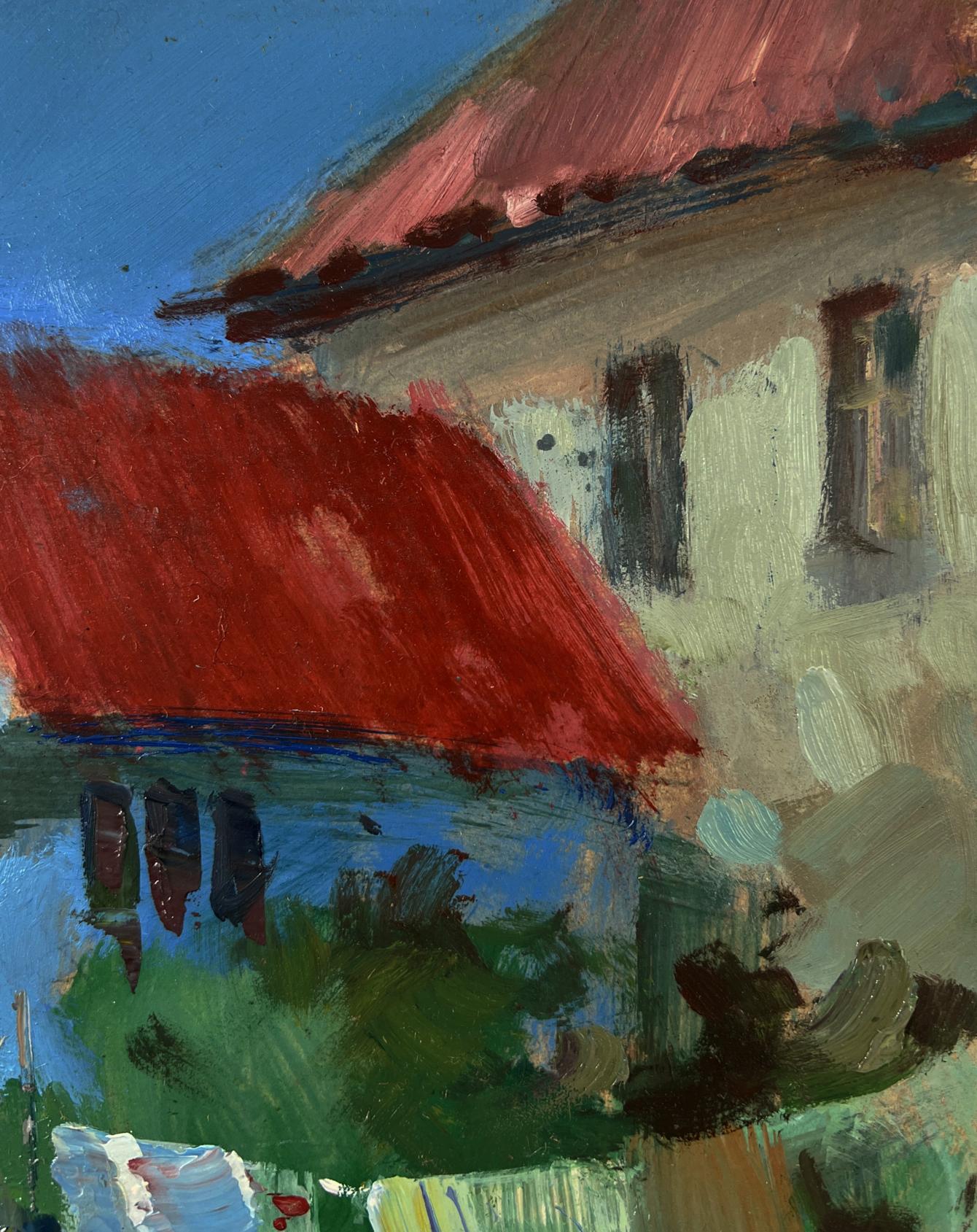 Oil painting of vibrant red roof by Yuriy Suprunchuk on beige wall