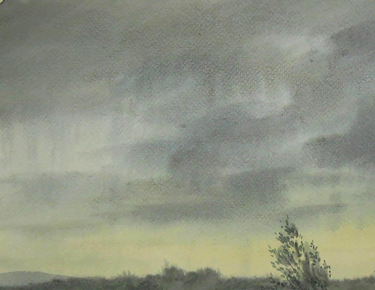 Watercolor painting of moody overcast sky and strong wind on river Valery Savenets