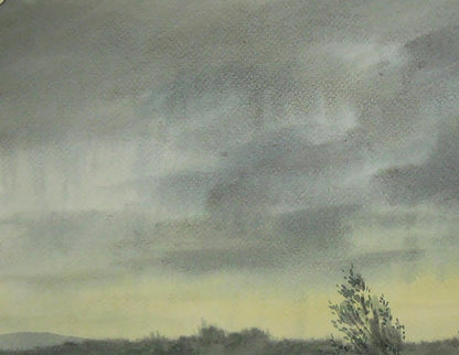 Watercolor painting of moody overcast sky and strong wind on river Valery Savenets