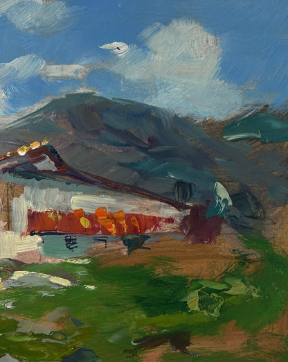 Vibrant impressionist oil painting of house by sea in mountains by Yuriy Suprunchuk