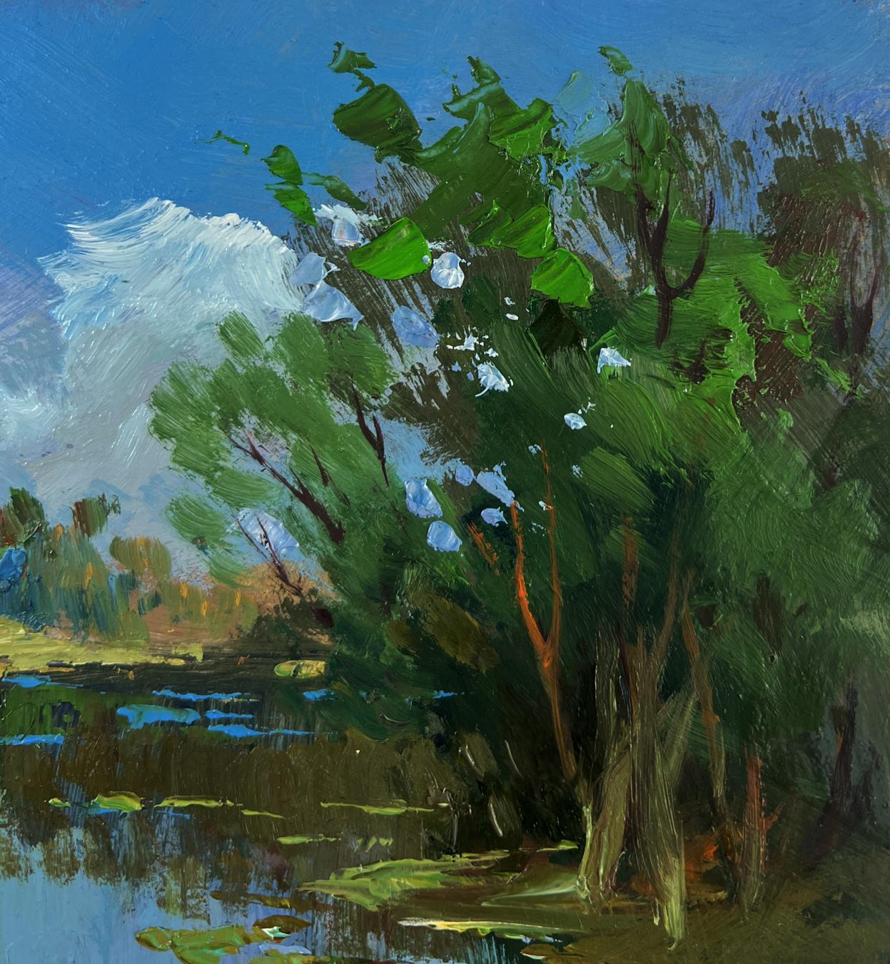 Oil painting of vibrant green tree by reflective river with boat by Yuriy Suprunchuk