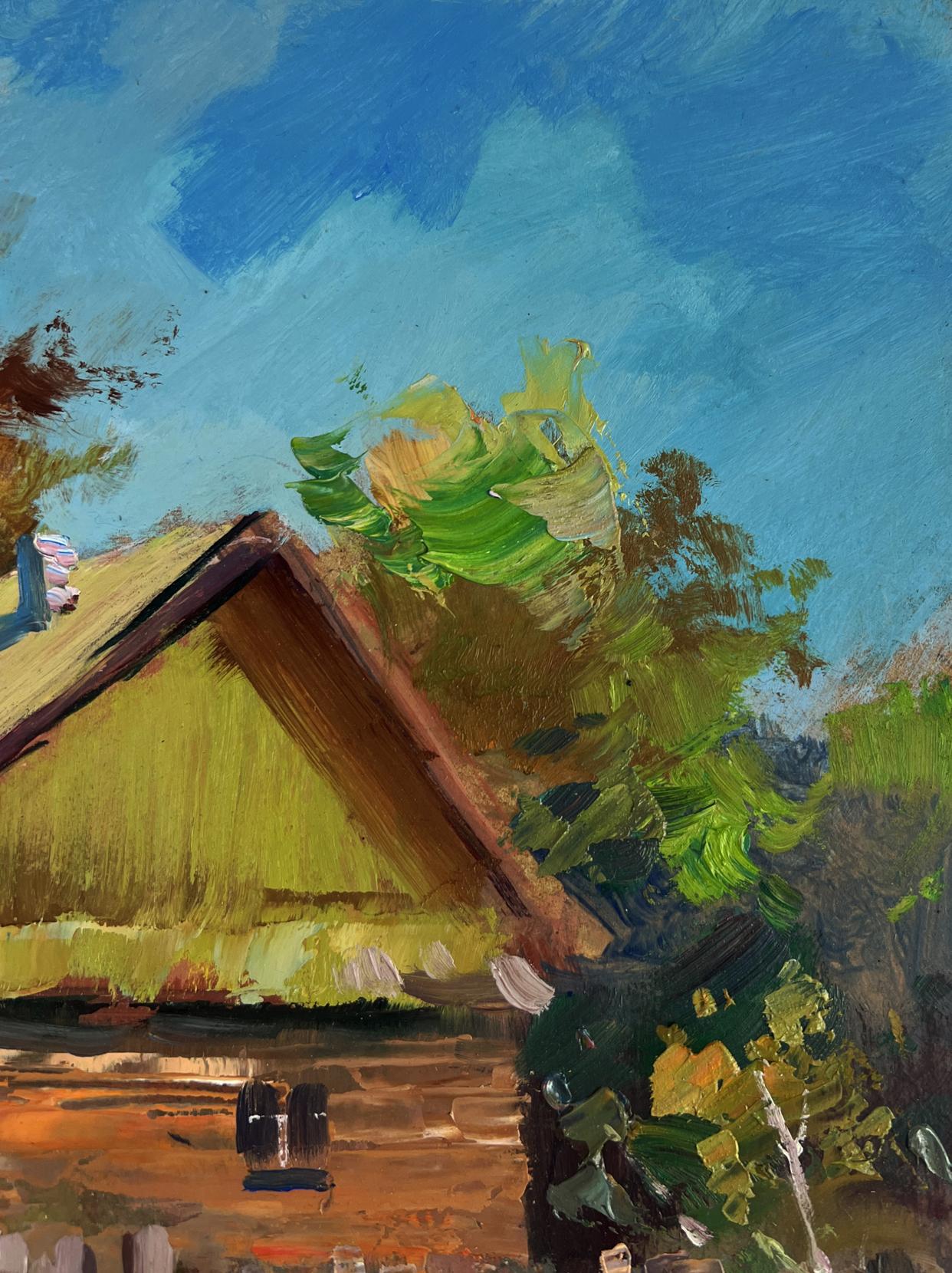 Vibrant impressionist oil painting of rustic thatched house by Yuriy Suprunchuk
