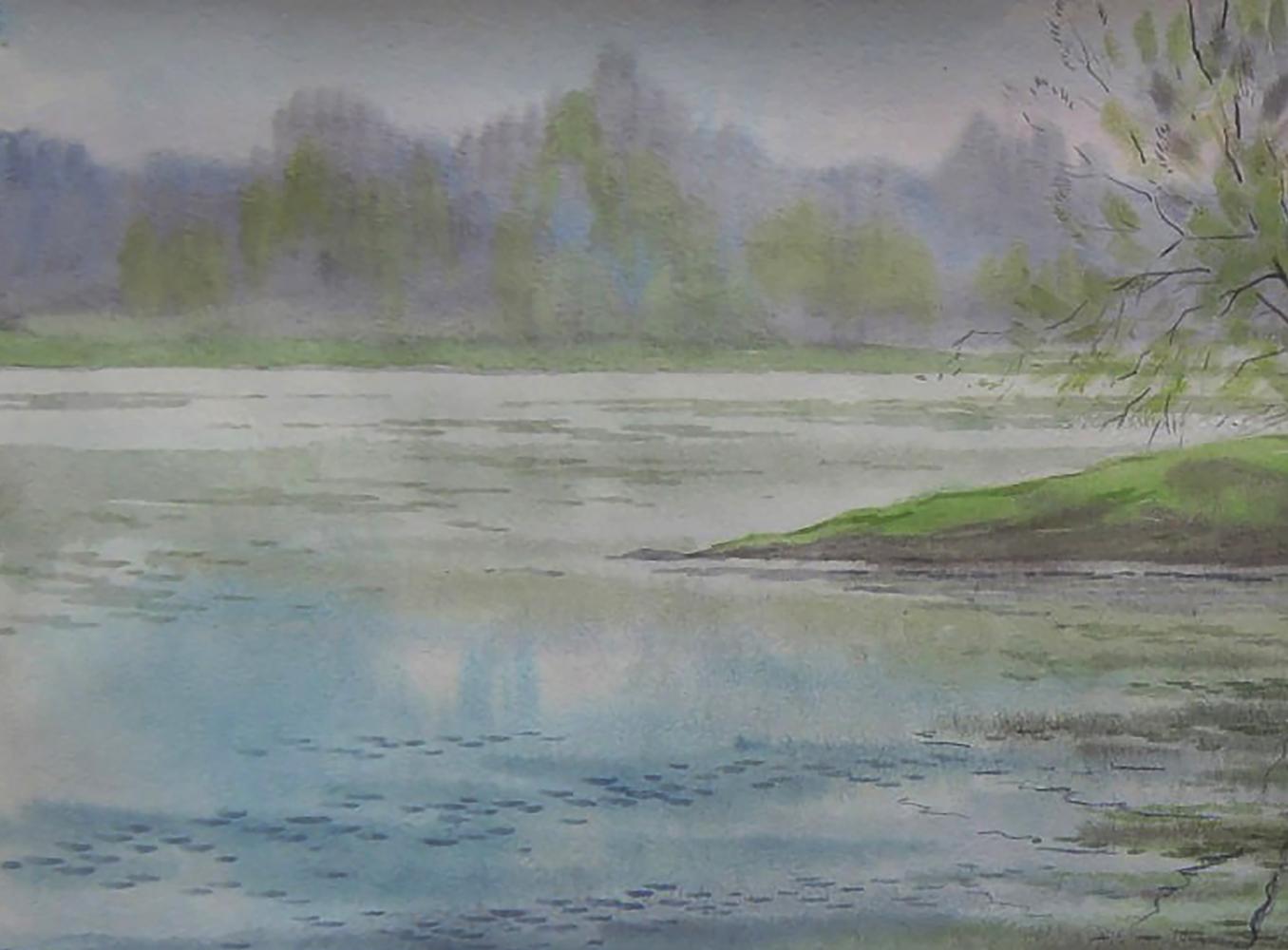 Serene watercolor of misty lake with old boat by river, Valery Savenets