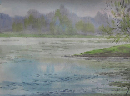 Serene watercolor of misty lake with old boat by river, Valery Savenets