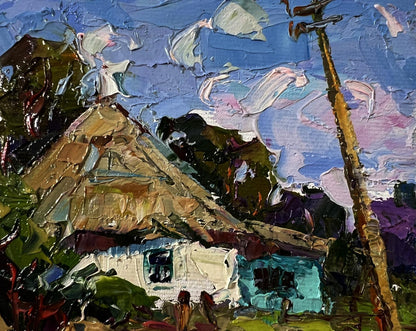 Oil painting Summer village by Oksana Ivanyuk: rustic thatched house