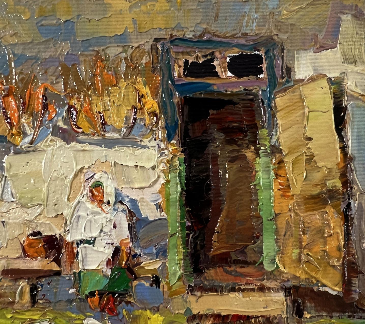Textured impasto oil painting of chickens in yard by Oksana Ivanyuk