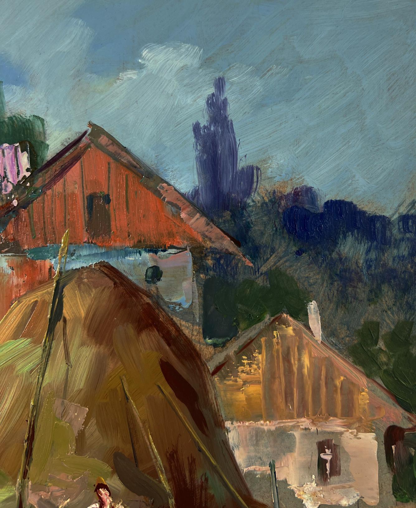 Oil painting of quiet village corner with red-roofed barn by Yuriy Suprunchuk