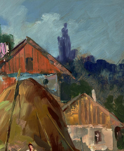 Oil painting of quiet village corner with red-roofed barn by Yuriy Suprunchuk
