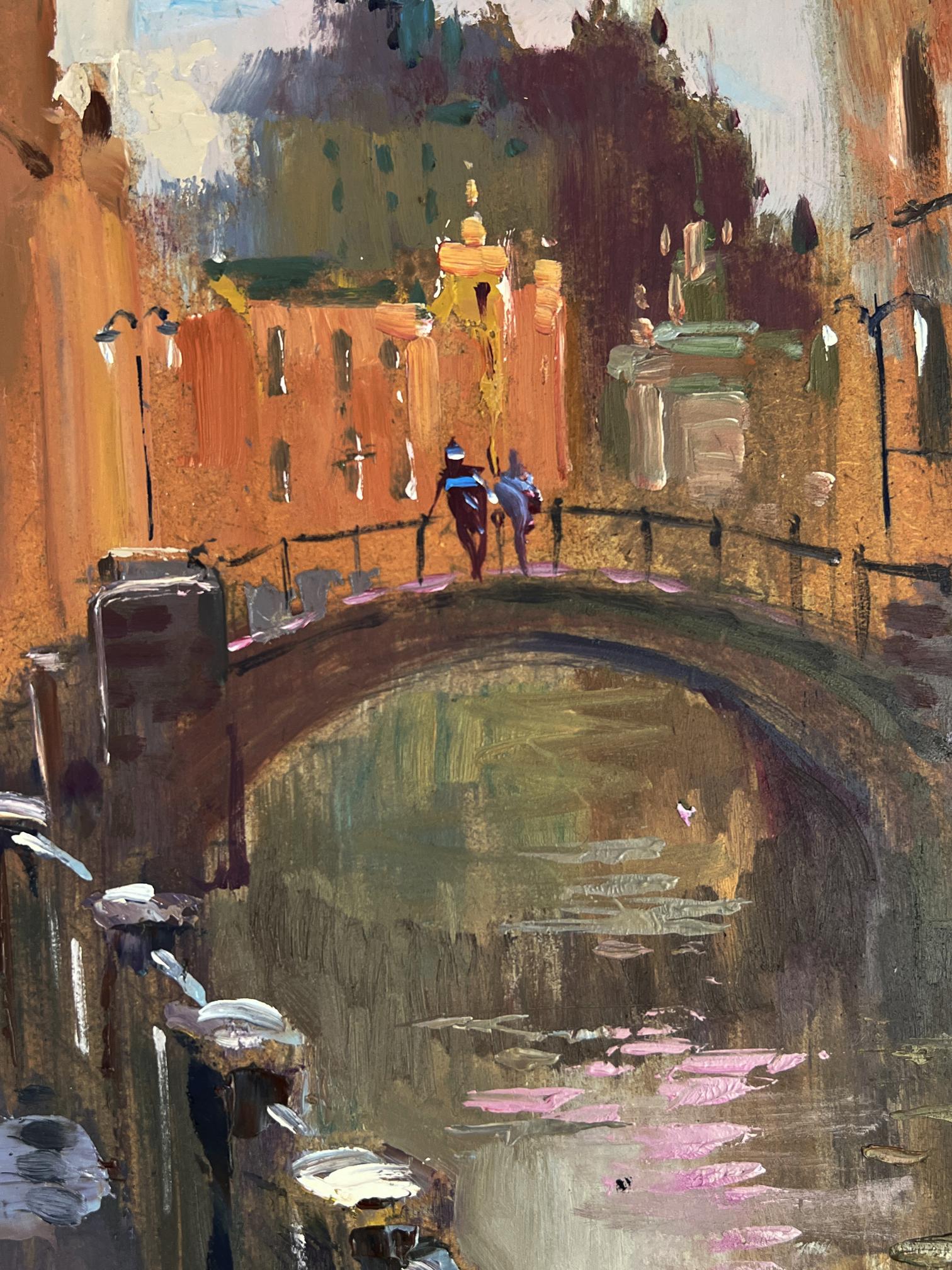 Warm-toned impressionist oil painting by Yuriy Suprunchuk of stone arch bridge over canal with figures