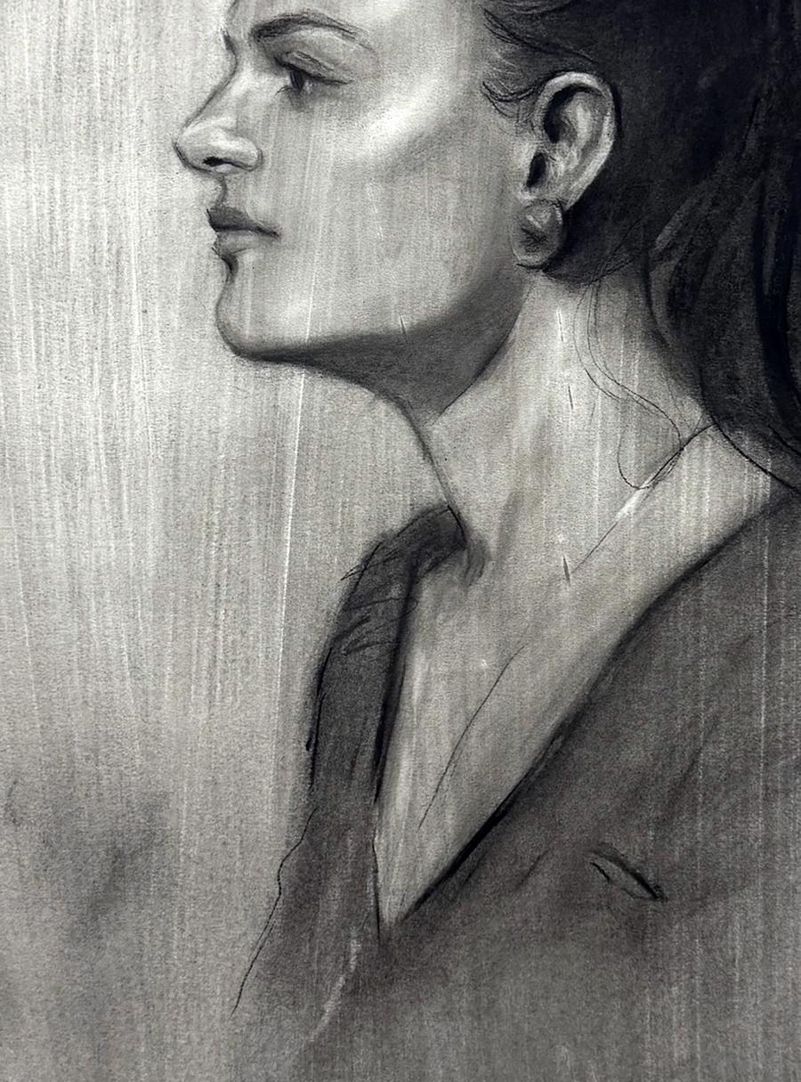 Detailed charcoal sketch of Persephone Annam Butt portrait profile