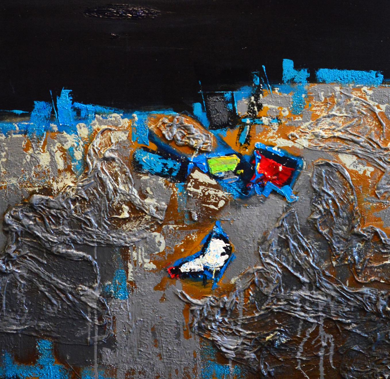 Oil painting At the River by Natalia Korf-Ivaniuk, abstract blue orange red on gray