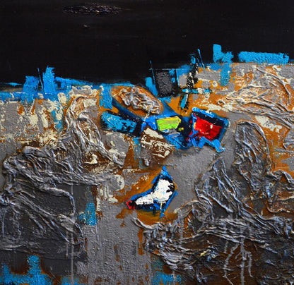 Oil painting At the River by Natalia Korf-Ivaniuk, abstract blue orange red on gray