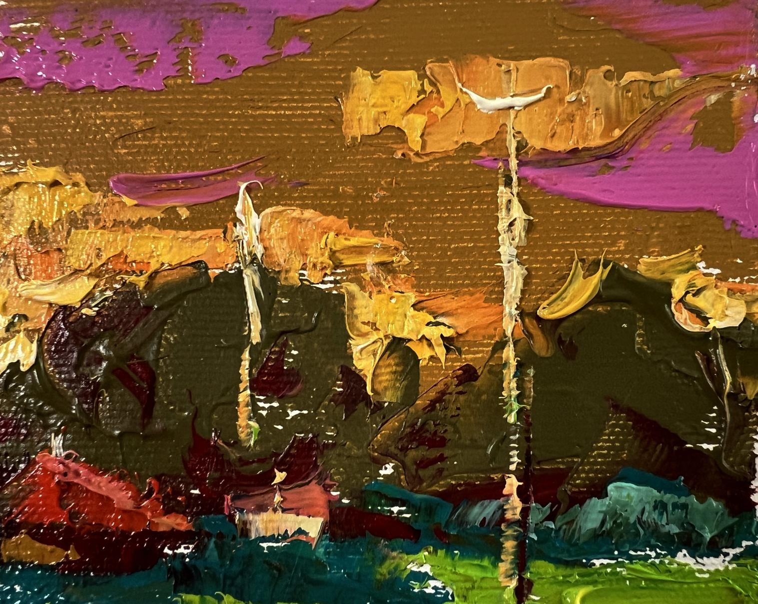 Oil painting Evening village by Oleksiy Ivanyuk with purple gold green impasto