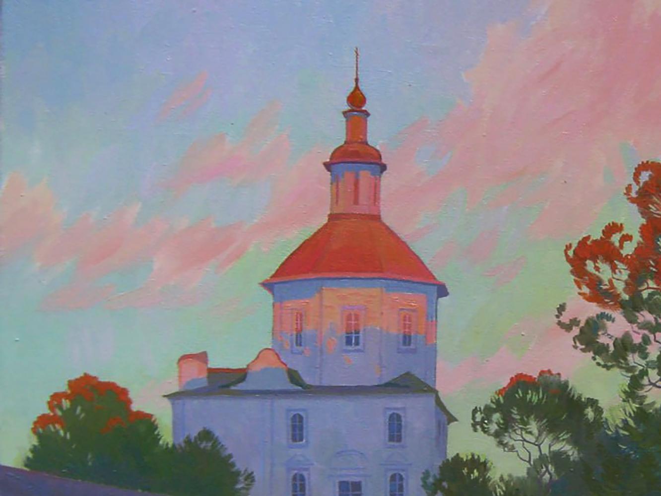 Oil painting Evening melody of bells by Valery Savenets, blue building red dome