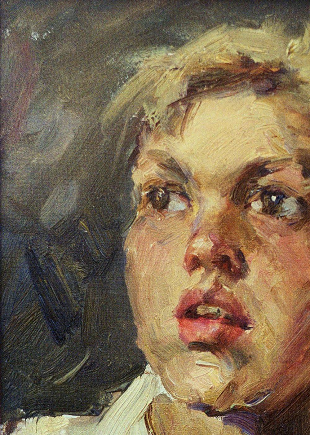 Oil painting portrait of boy Vasily Korkishko, textured blonde hair, warm tones