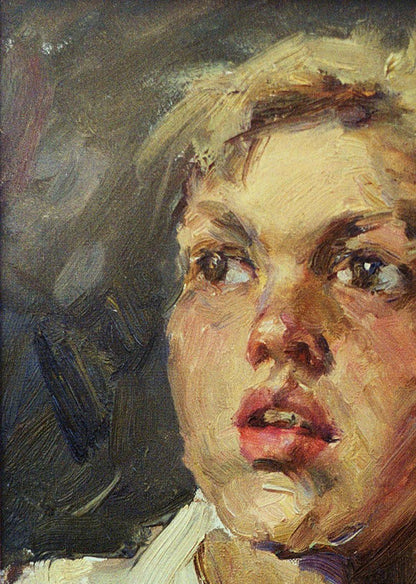 Oil painting portrait of boy Vasily Korkishko, textured blonde hair, warm tones