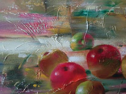 Abstract oil painting Juicy apples by Anatoly Tarabanov, vibrant red green textured apples