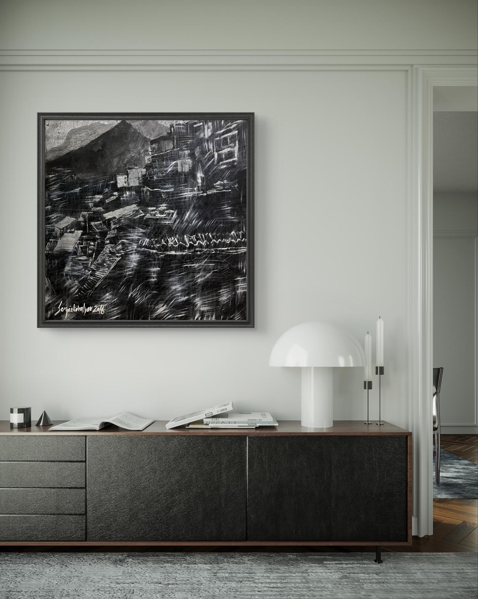 Black-framed abstract charcoal sketch of City Twilight by Serhiy Kovalev on white wall