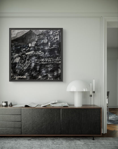 Black-framed abstract charcoal sketch of City Twilight by Serhiy Kovalev on white wall