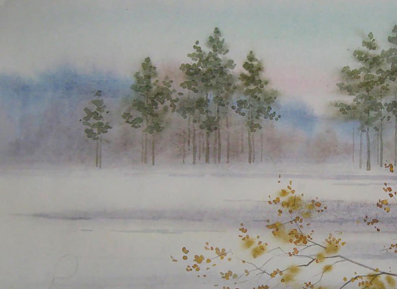 Watercolor painting of snowy winter forest by Valery Savenets