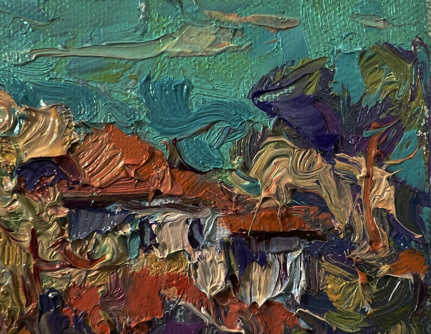 Oil painting Morning sound of bells by Oksana Ivanyuk in teal orange purple gold
