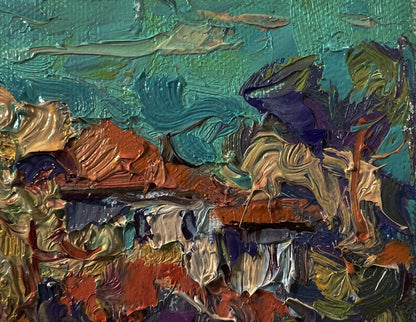Oil painting Morning sound of bells by Oksana Ivanyuk in teal orange purple gold