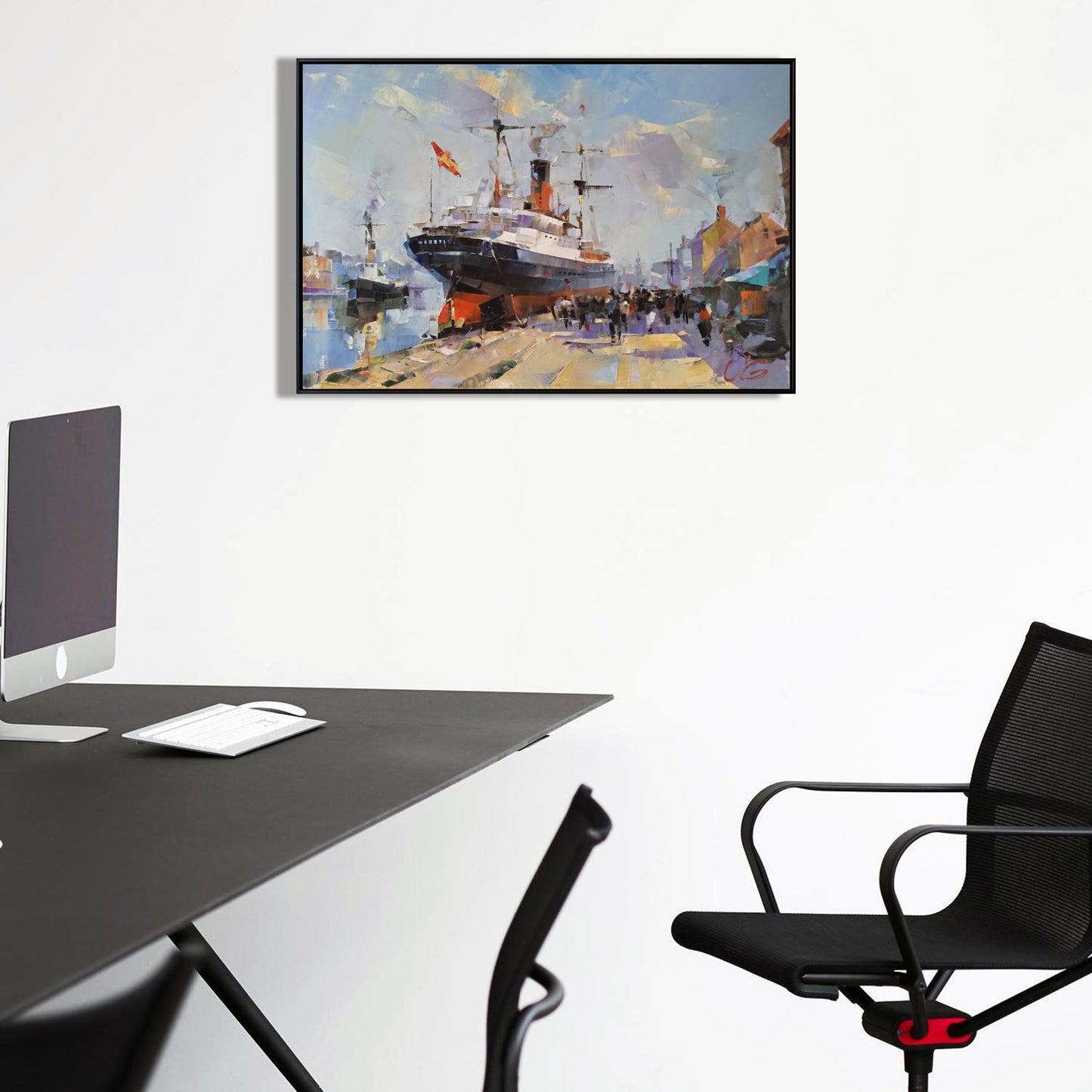 Framed oil painting of harbor ship by Volodymyr Gluhomanyuk, Daily hustle and bustle