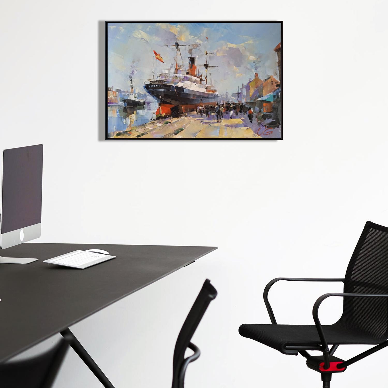 Framed oil painting of harbor ship by Volodymyr Gluhomanyuk, Daily hustle and bustle