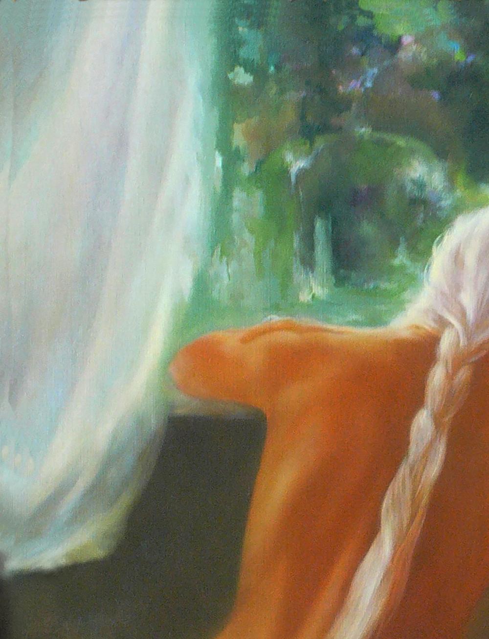 Oil painting of female figure back view by Vasily Korkishko, hand holding sheer curtain