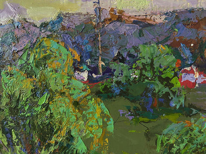 Vibrant Village Memories oil painting by Oleksiy Ivanyuk with textured green foliage and purple hills