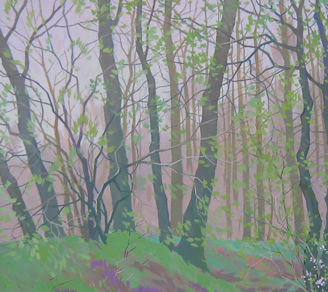 Oil painting of misty spring green forest by Valery Savenets