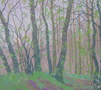 Oil painting of misty spring green forest by Valery Savenets