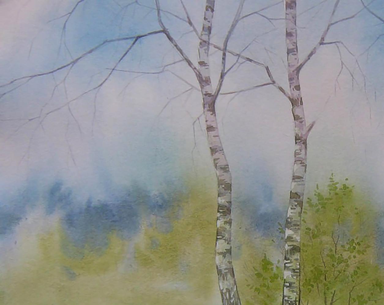 Watercolor painting of coastal birches by Valery Savenets