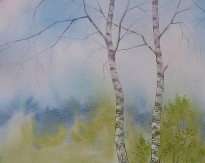 Watercolor painting of coastal birches by Valery Savenets